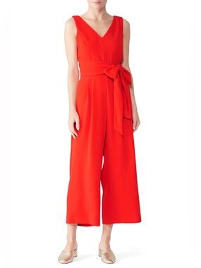 J.Crew Red Wrap Tie Jumpsuit 8 Crepe Wide Leg V Neck Back Cutout